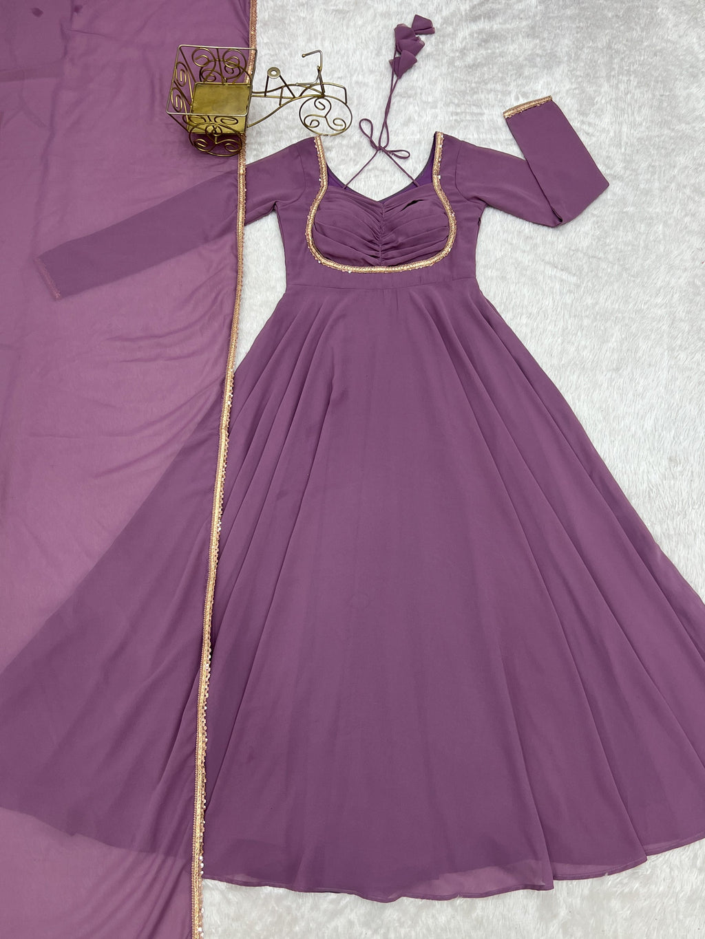 Lorenvalley Fashion Mauve Faux Georgette Fancy Designer Yoke Dori Neck Anarkali Gown with Dupatta