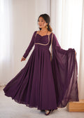 Lorenvalley Fashion Wine Faux Georgette Fancy Designer Yoke Dori Neck Anarkali Gown with Dupatta