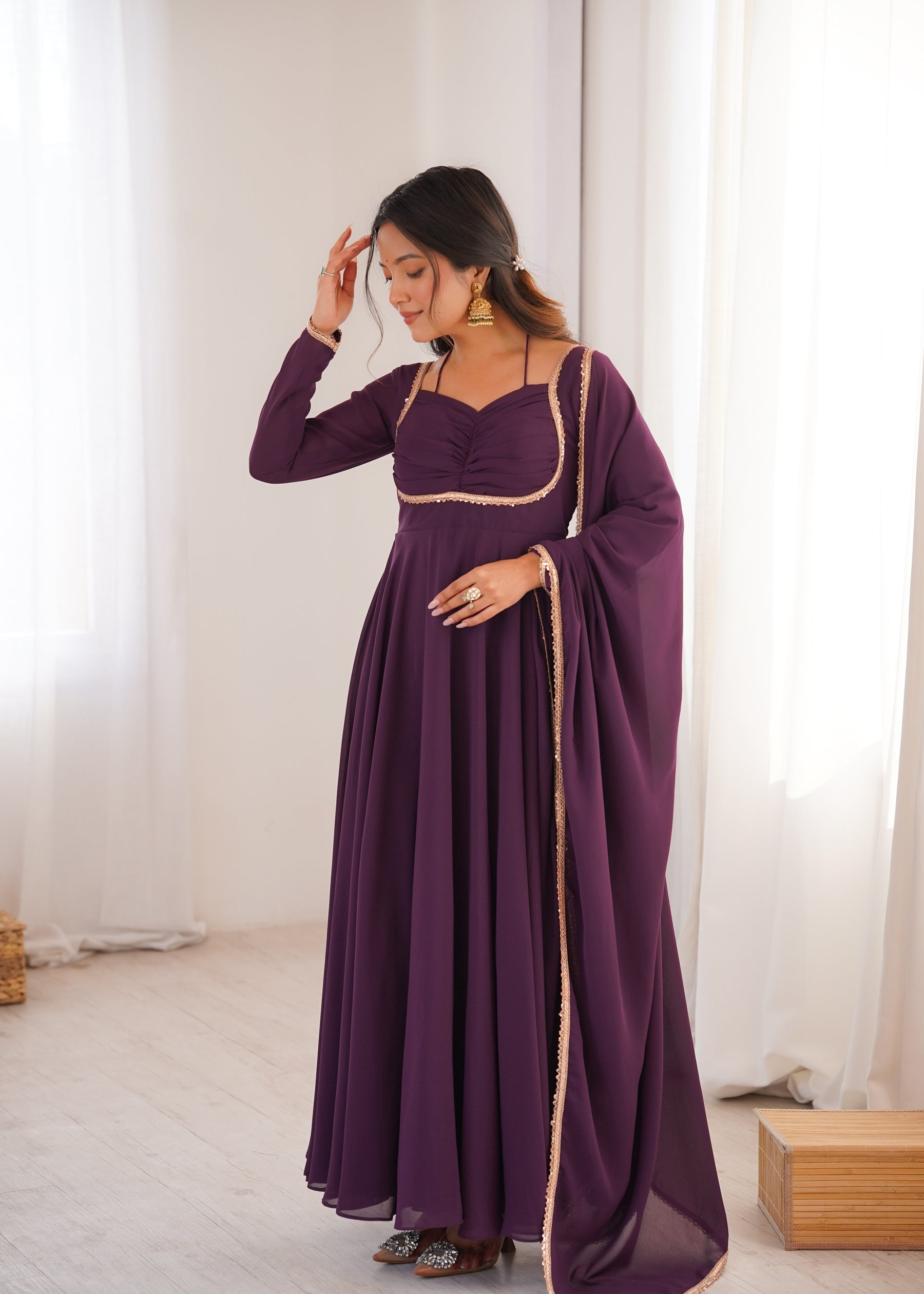 Lorenvalley Fashion Wine Faux Georgette Fancy Designer Yoke Dori Neck Anarkali Gown with Dupatta