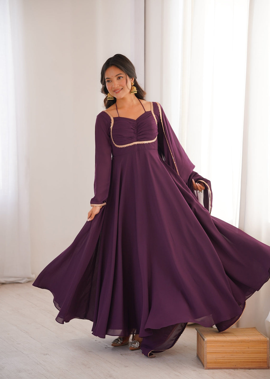 Lorenvalley Fashion Wine Faux Georgette Fancy Designer Yoke Dori Neck Anarkali Gown with Dupatta