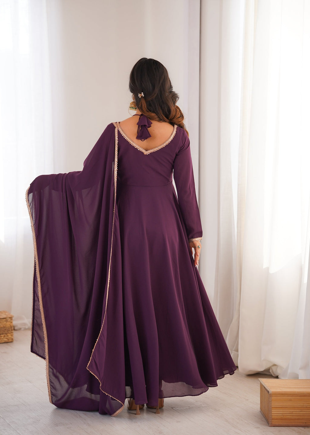 Lorenvalley Fashion Wine Faux Georgette Fancy Designer Yoke Dori Neck Anarkali Gown with Dupatta