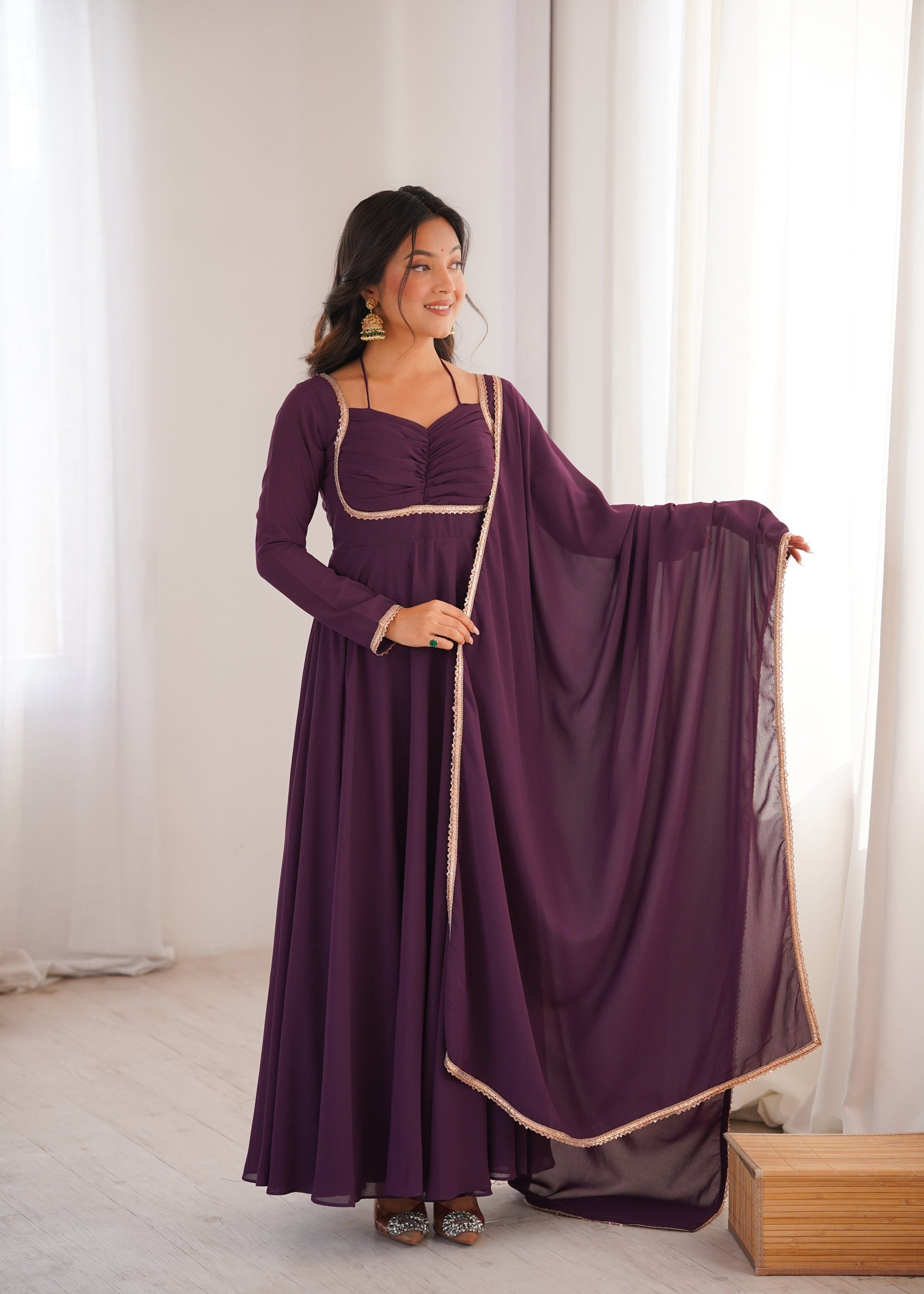 Lorenvalley Fashion Wine Faux Georgette Fancy Designer Yoke Dori Neck Anarkali Gown with Dupatta
