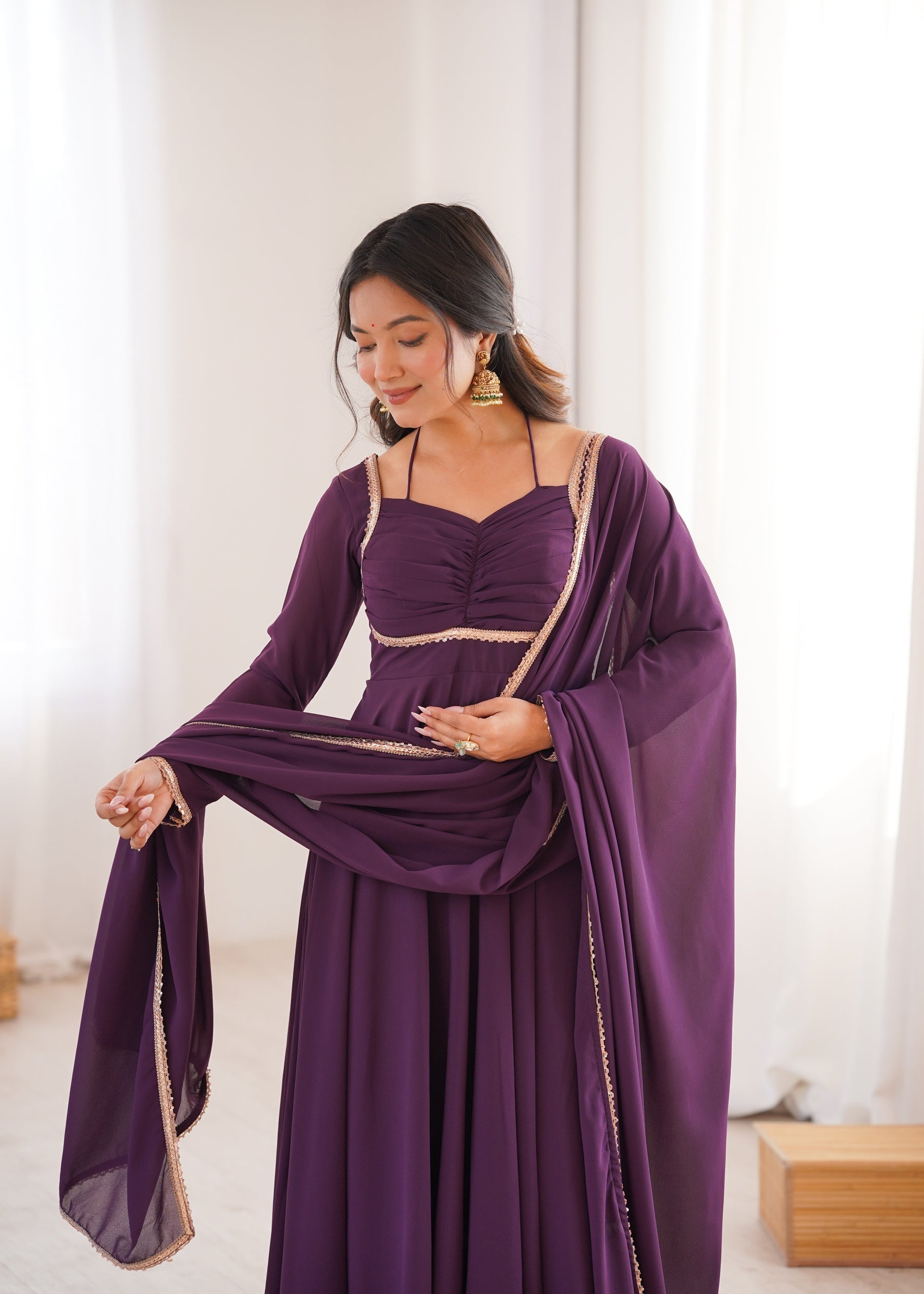 Lorenvalley Fashion Wine Faux Georgette Fancy Designer Yoke Dori Neck Anarkali Gown with Dupatta