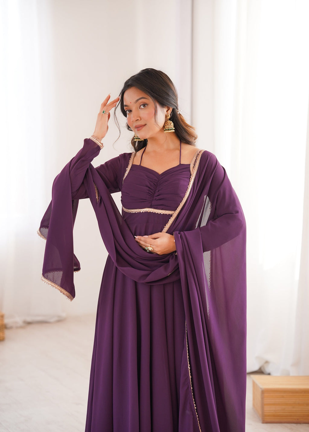 Lorenvalley Fashion Wine Faux Georgette Fancy Designer Yoke Dori Neck Anarkali Gown with Dupatta