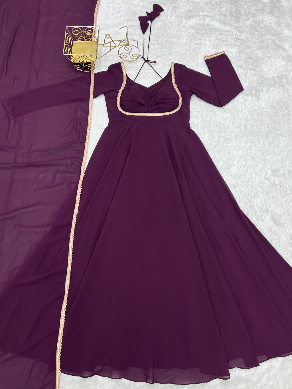 Lorenvalley Fashion Wine Faux Georgette Fancy Designer Yoke Dori Neck Anarkali Gown with Dupatta