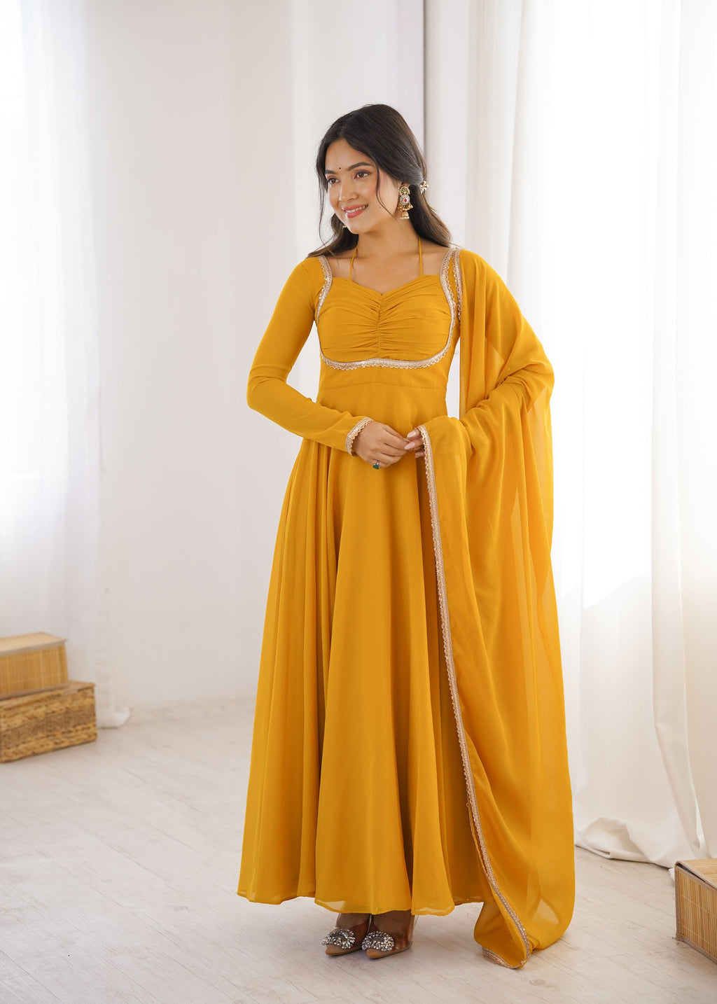 Lorenvalley Fashion Yellow Faux Georgette Fancy Designer Yoke Dori Neck Anarkali Gown with Dupatta