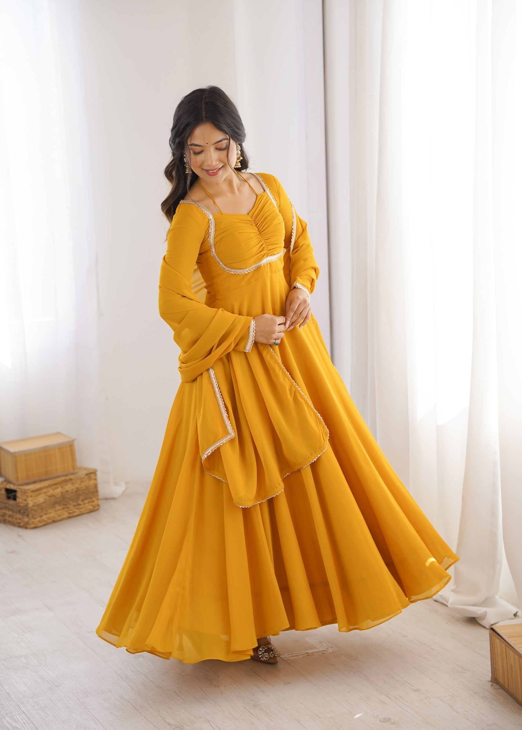 Lorenvalley Fashion Yellow Faux Georgette Fancy Designer Yoke Dori Neck Anarkali Gown with Dupatta