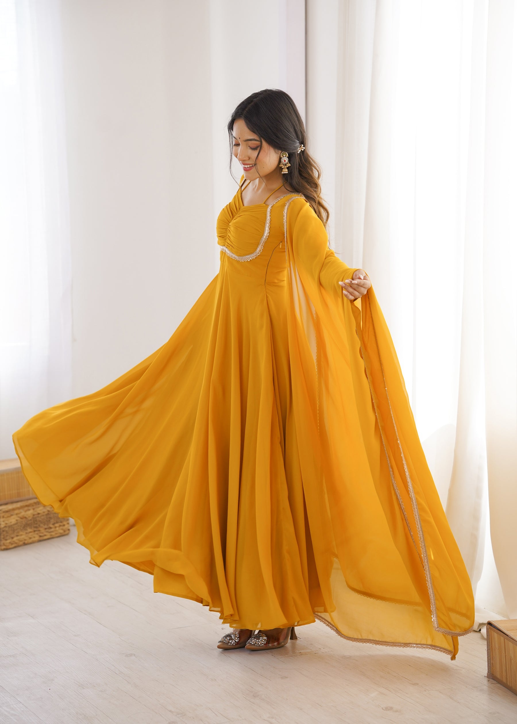 Lorenvalley Fashion Yellow Faux Georgette Fancy Designer Yoke Dori Neck Anarkali Gown with Dupatta