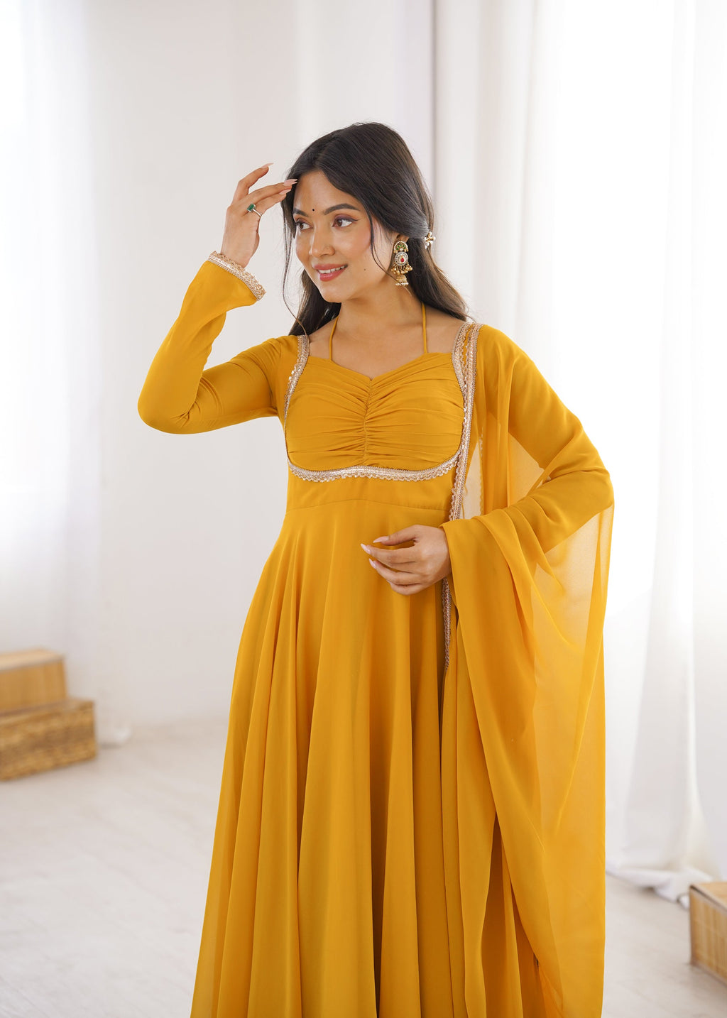 Lorenvalley Fashion Yellow Faux Georgette Fancy Designer Yoke Dori Neck Anarkali Gown with Dupatta