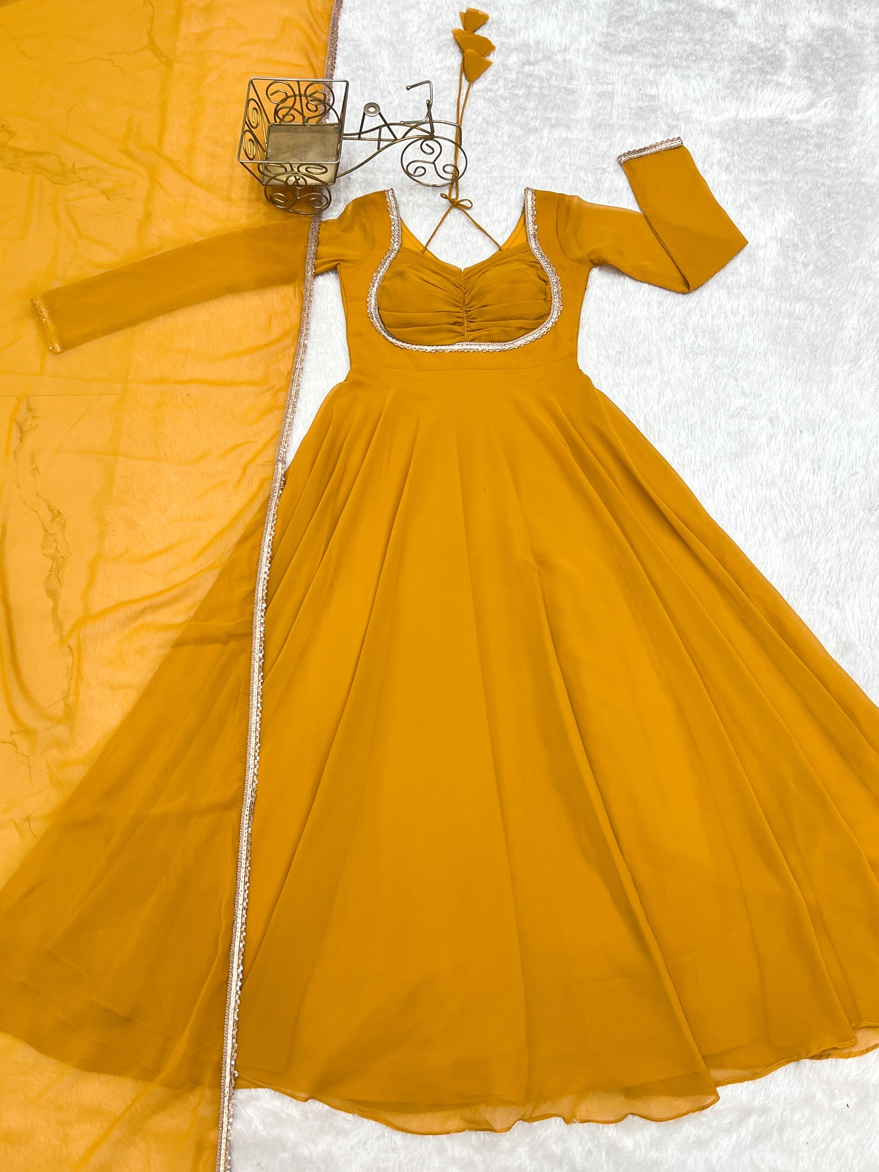 Lorenvalley Fashion Yellow Faux Georgette Fancy Designer Yoke Dori Neck Anarkali Gown with Dupatta
