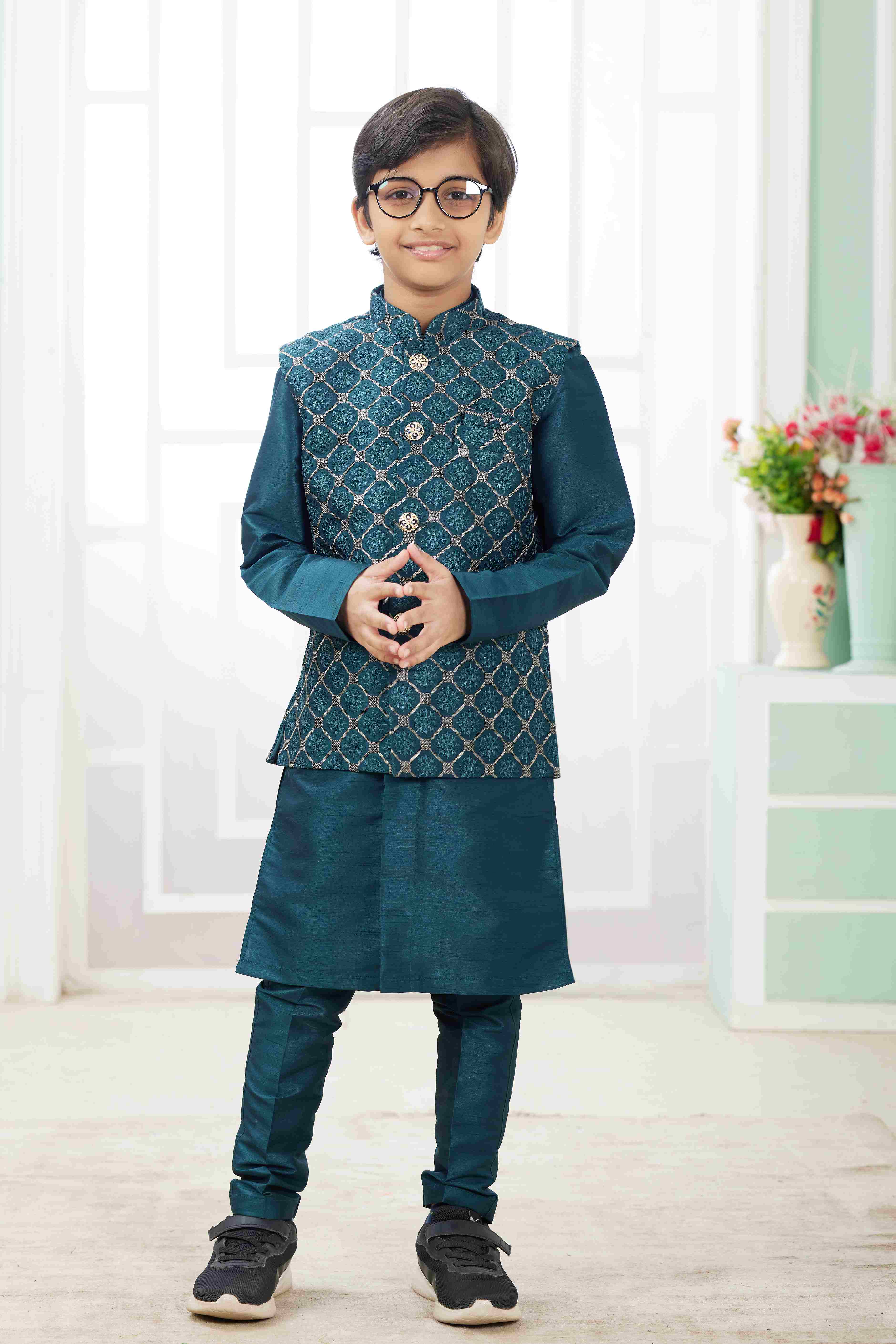 Raivat Ethnic Art Silk Embroidery Work 3 Pics Jacket Set In Teal Green Colour