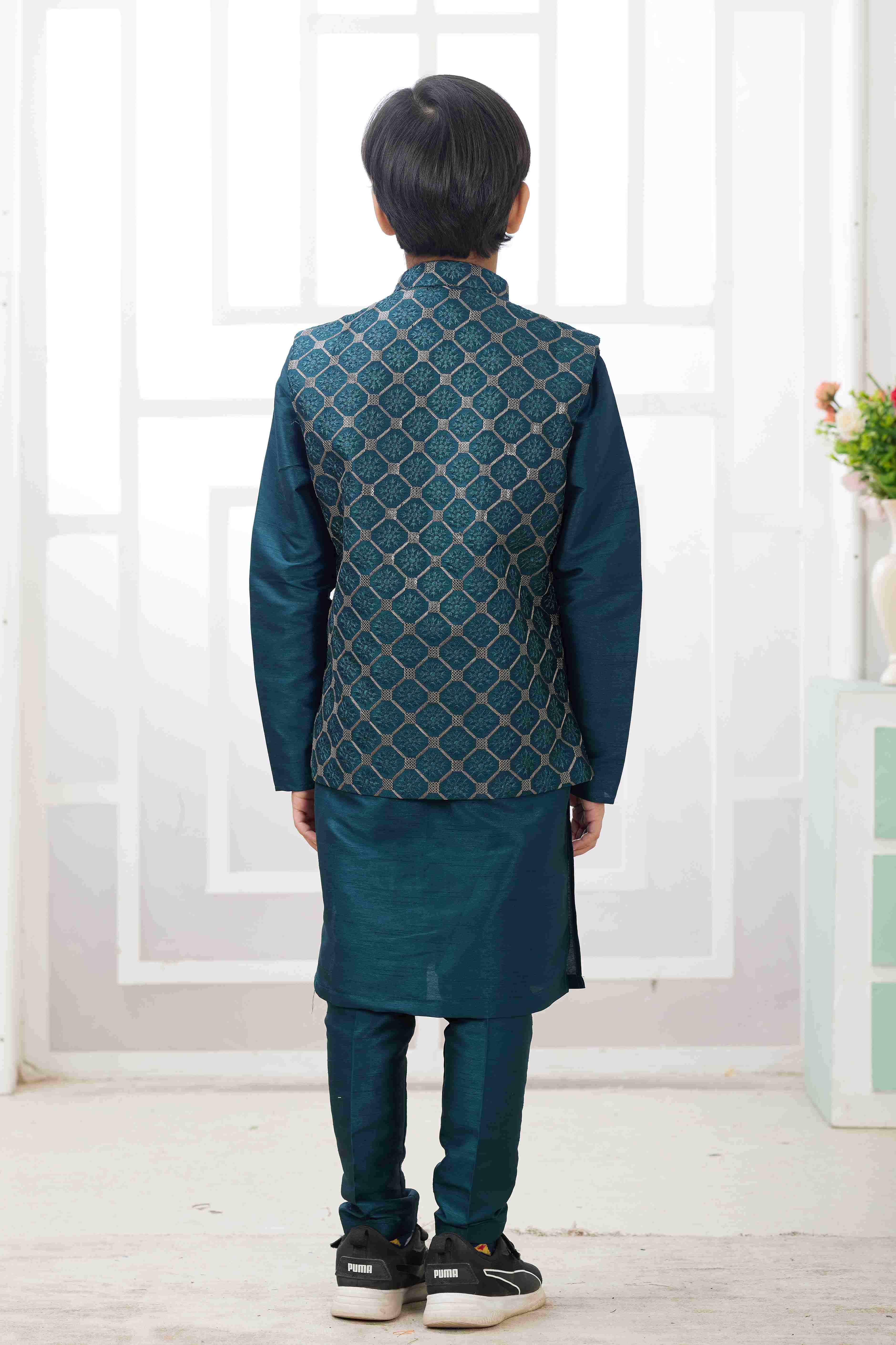 Raivat Ethnic Art Silk Embroidery Work 3 Pics Jacket Set In Teal Green Colour