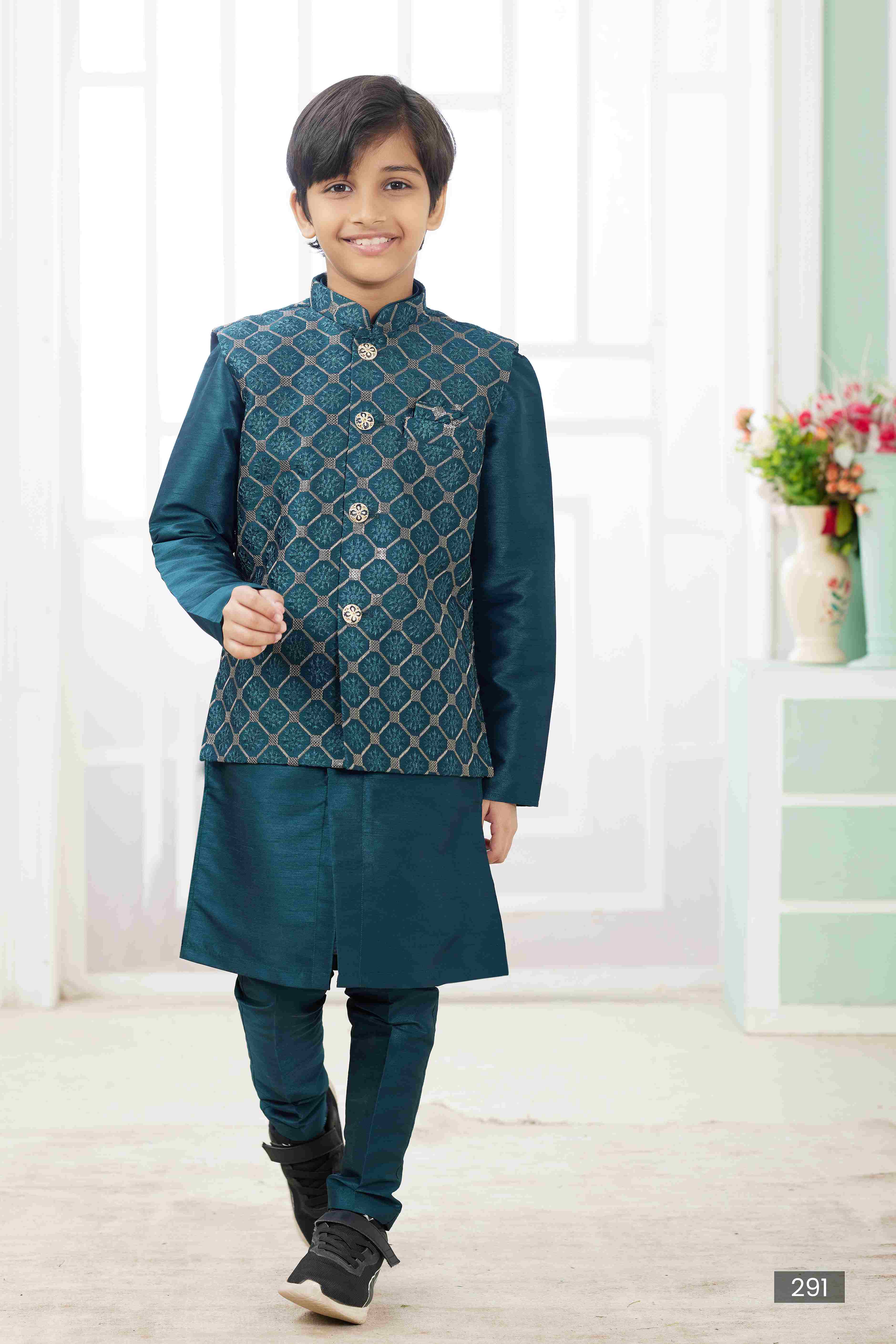 Raivat Ethnic Art Silk Embroidery Work 3 Pics Jacket Set In Teal Green Colour
