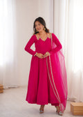 Lorenvalley Fashion Magenta Roman Silk Chanderi Yoke Fancy Lace Pattern Anarkali Gown Pant With Dupatta