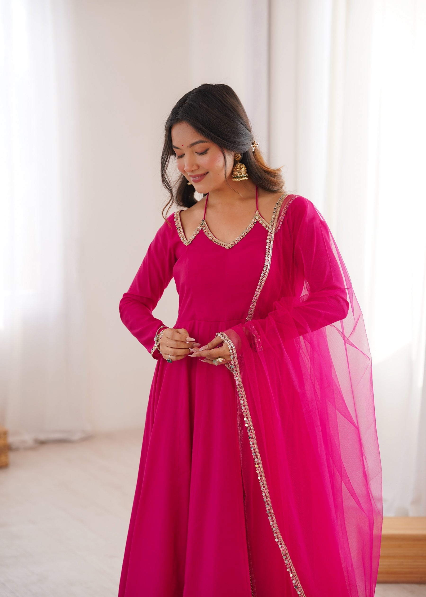 Lorenvalley Fashion Magenta Roman Silk Chanderi Yoke Fancy Lace Pattern Anarkali Gown Pant With Dupatta