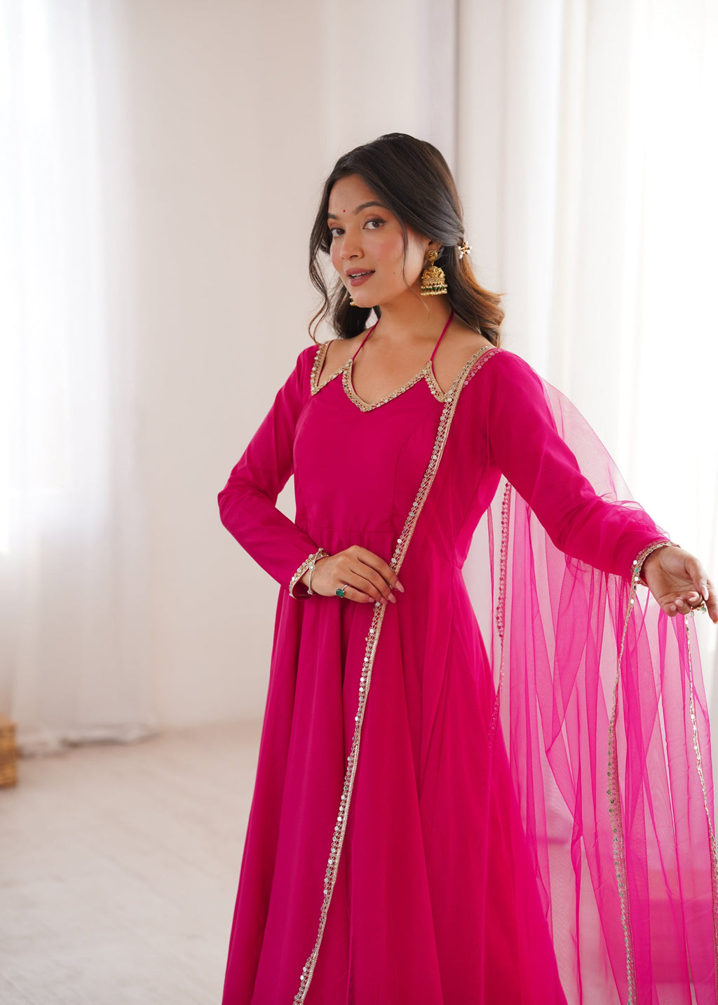 Lorenvalley Fashion Magenta Roman Silk Chanderi Yoke Fancy Lace Pattern Anarkali Gown Pant With Dupatta