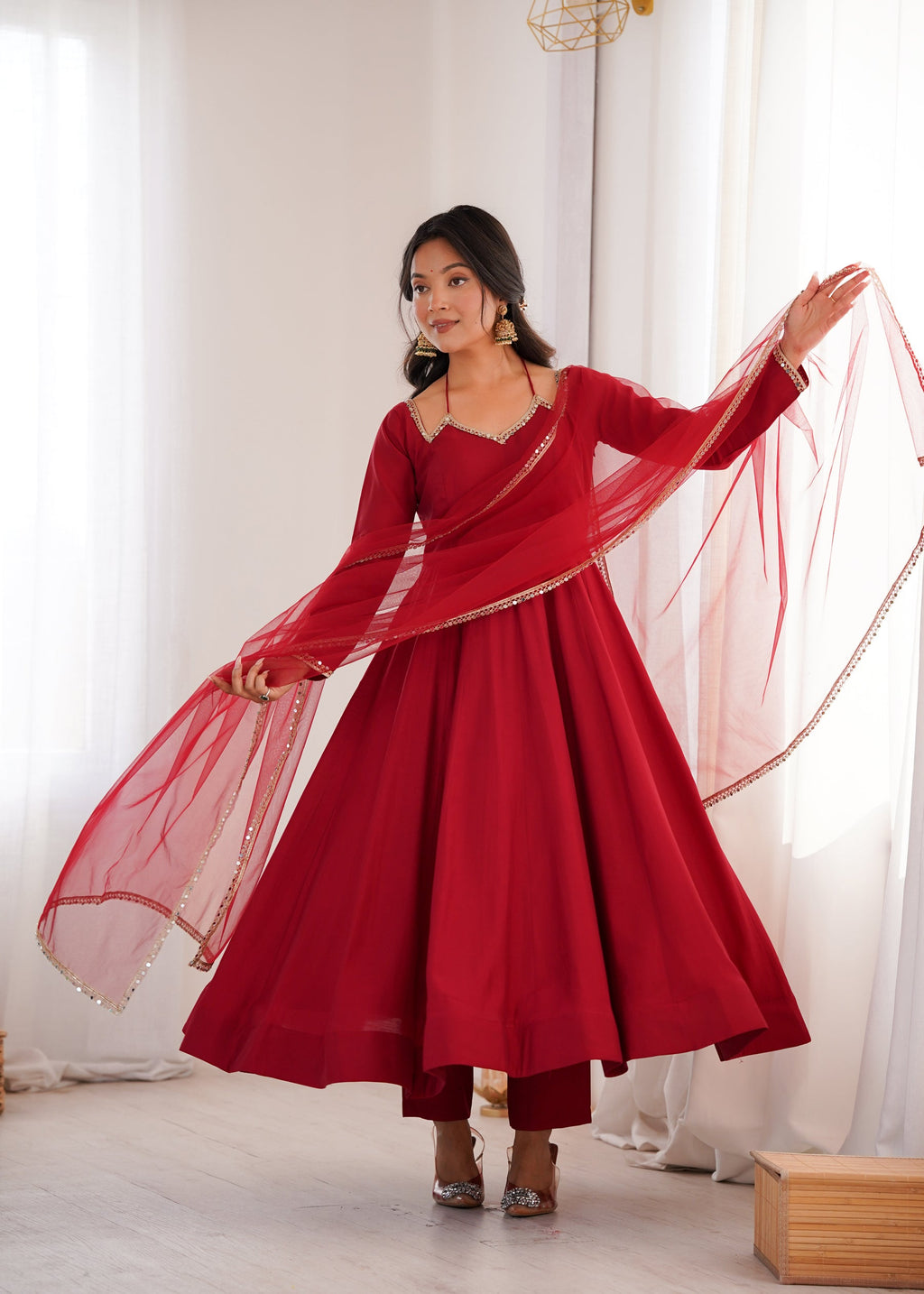Lorenvalley Fashion Maroon Roman Silk Chanderi Yoke Fancy Lace Pattern Anarkali Gown Pant With Dupatta