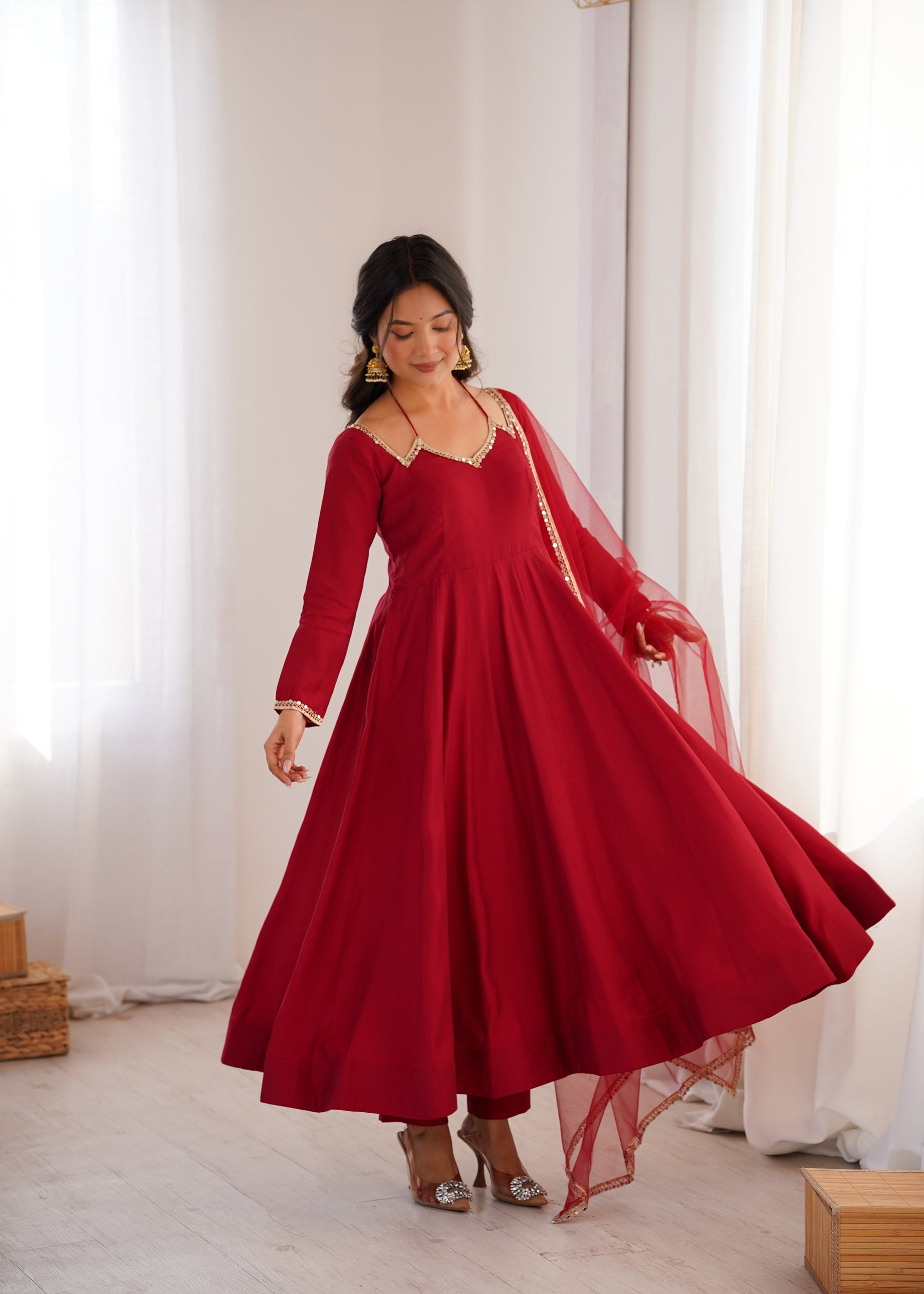 Lorenvalley Fashion Maroon Roman Silk Chanderi Yoke Fancy Lace Pattern Anarkali Gown Pant With Dupatta