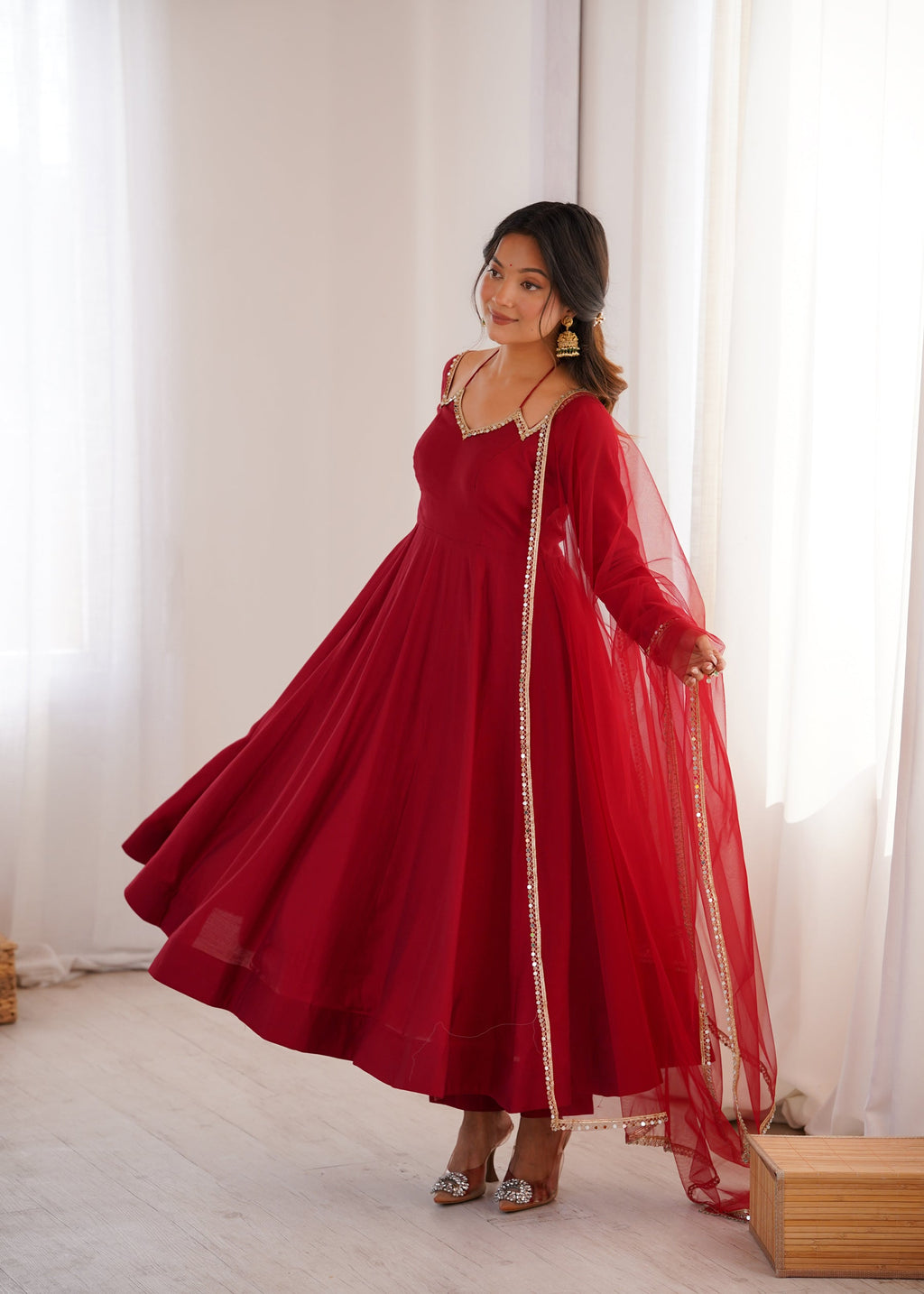 Lorenvalley Fashion Maroon Roman Silk Chanderi Yoke Fancy Lace Pattern Anarkali Gown Pant With Dupatta