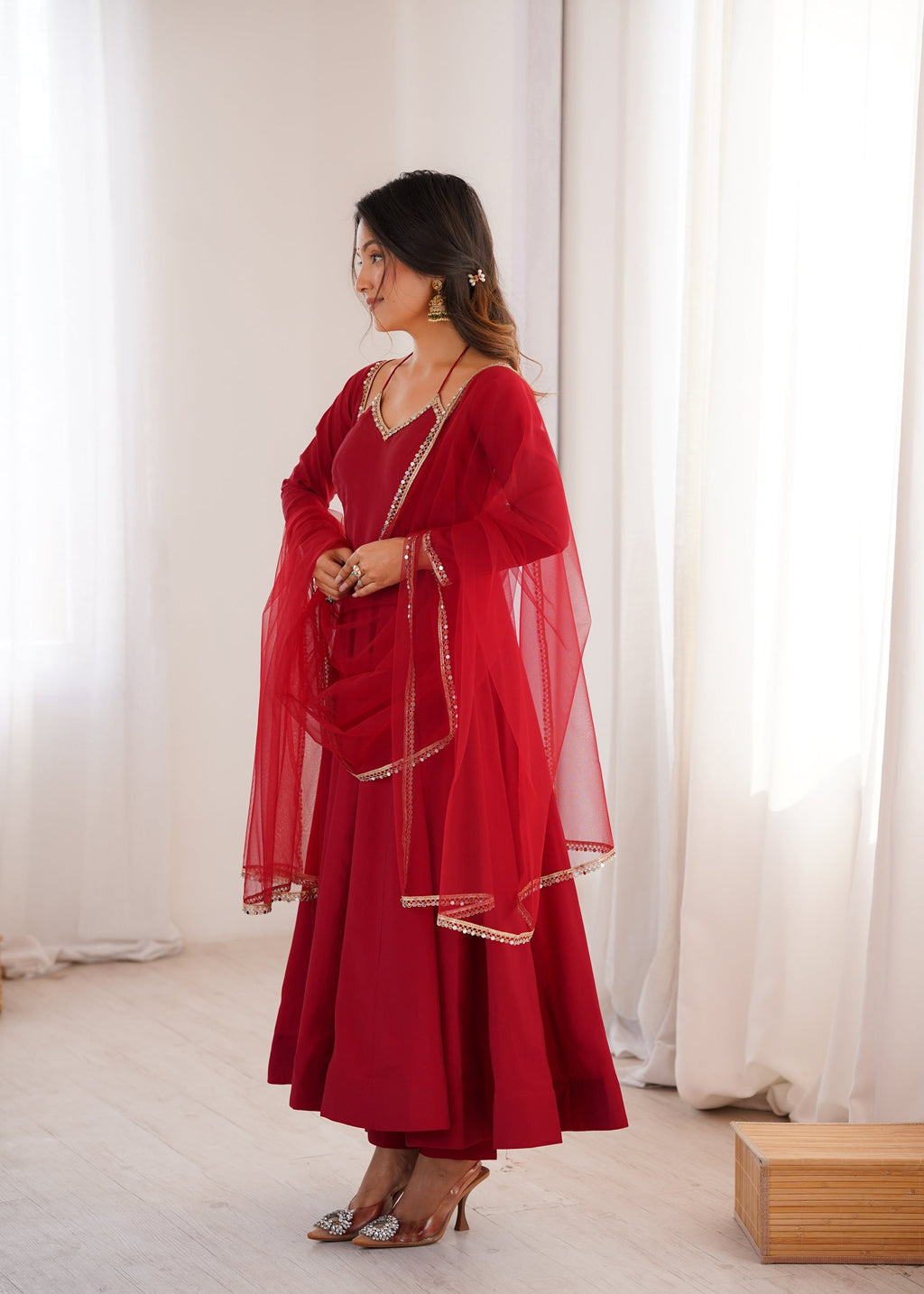 Lorenvalley Fashion Maroon Roman Silk Chanderi Yoke Fancy Lace Pattern Anarkali Gown Pant With Dupatta