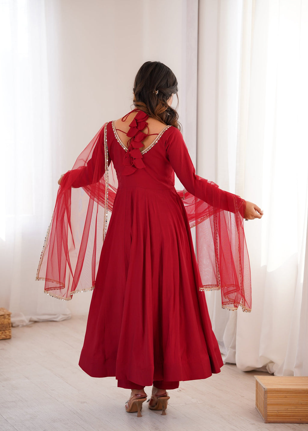 Lorenvalley Fashion Maroon Roman Silk Chanderi Yoke Fancy Lace Pattern Anarkali Gown Pant With Dupatta