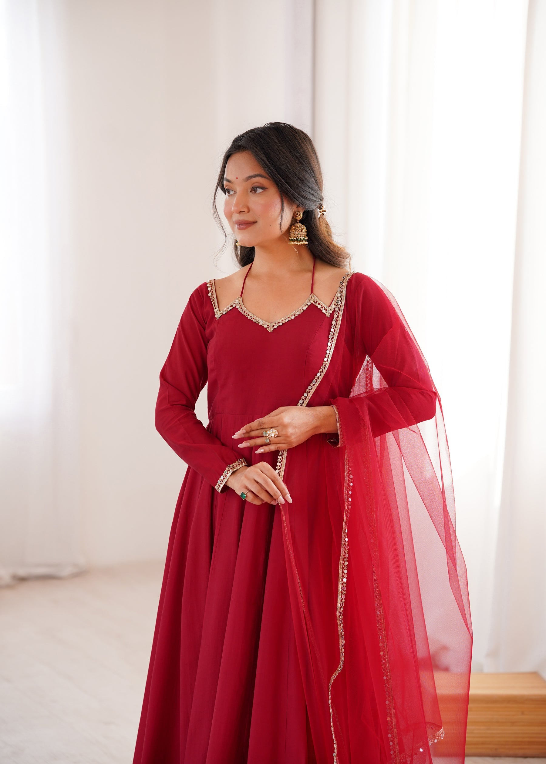 Lorenvalley Fashion Maroon Roman Silk Chanderi Yoke Fancy Lace Pattern Anarkali Gown Pant With Dupatta