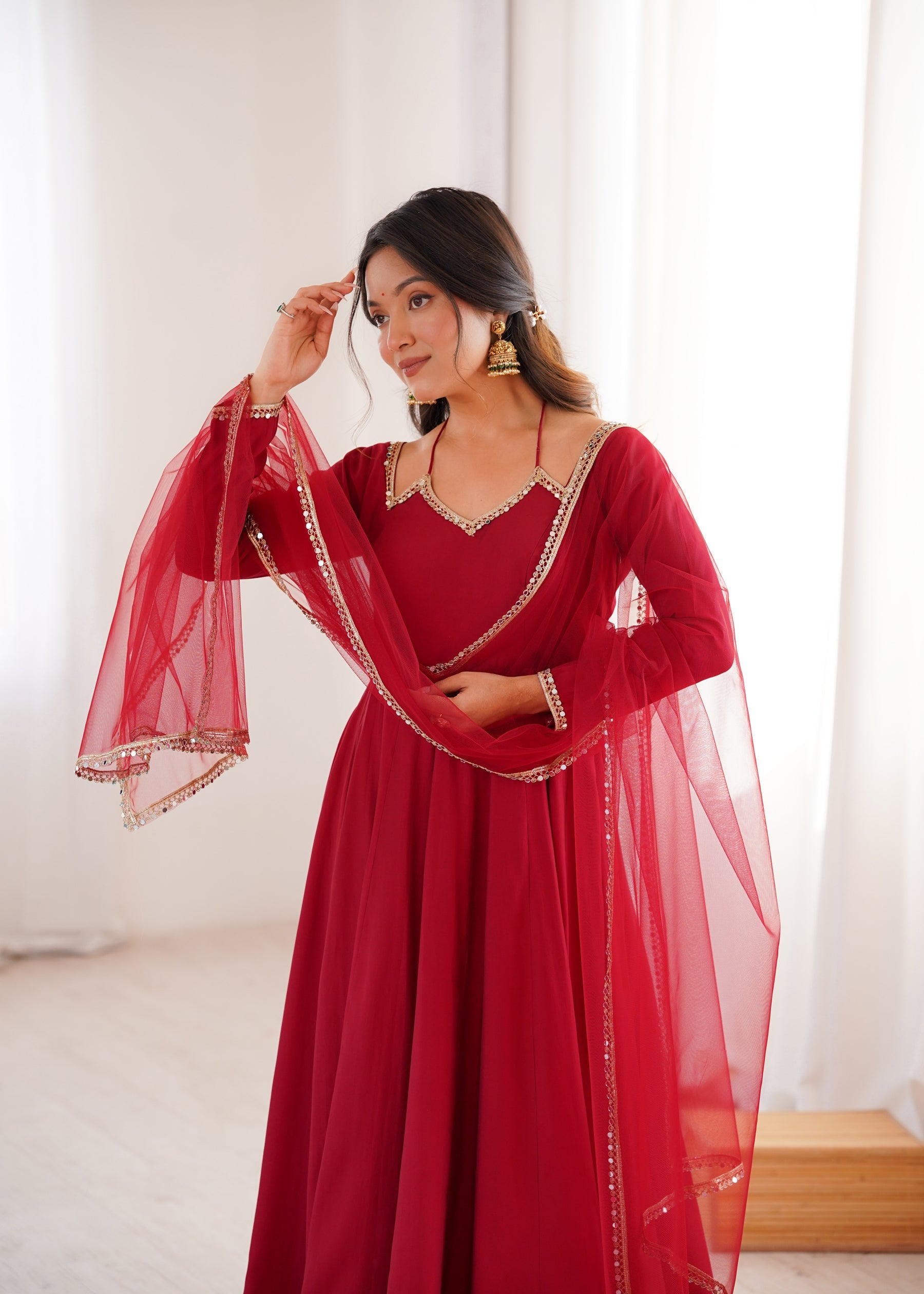 Lorenvalley Fashion Maroon Roman Silk Chanderi Yoke Fancy Lace Pattern Anarkali Gown Pant With Dupatta