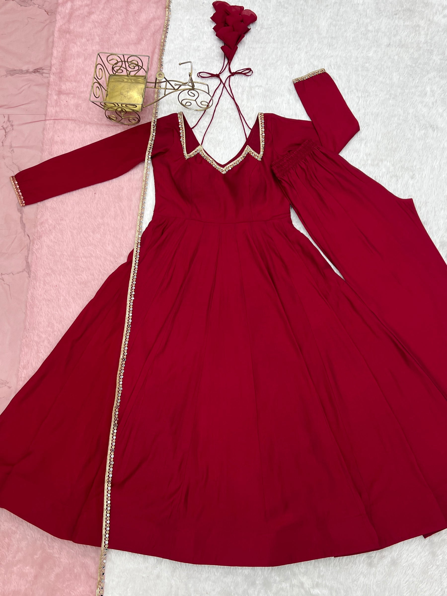 Lorenvalley Fashion Maroon Roman Silk Chanderi Yoke Fancy Lace Pattern Anarkali Gown Pant With Dupatta