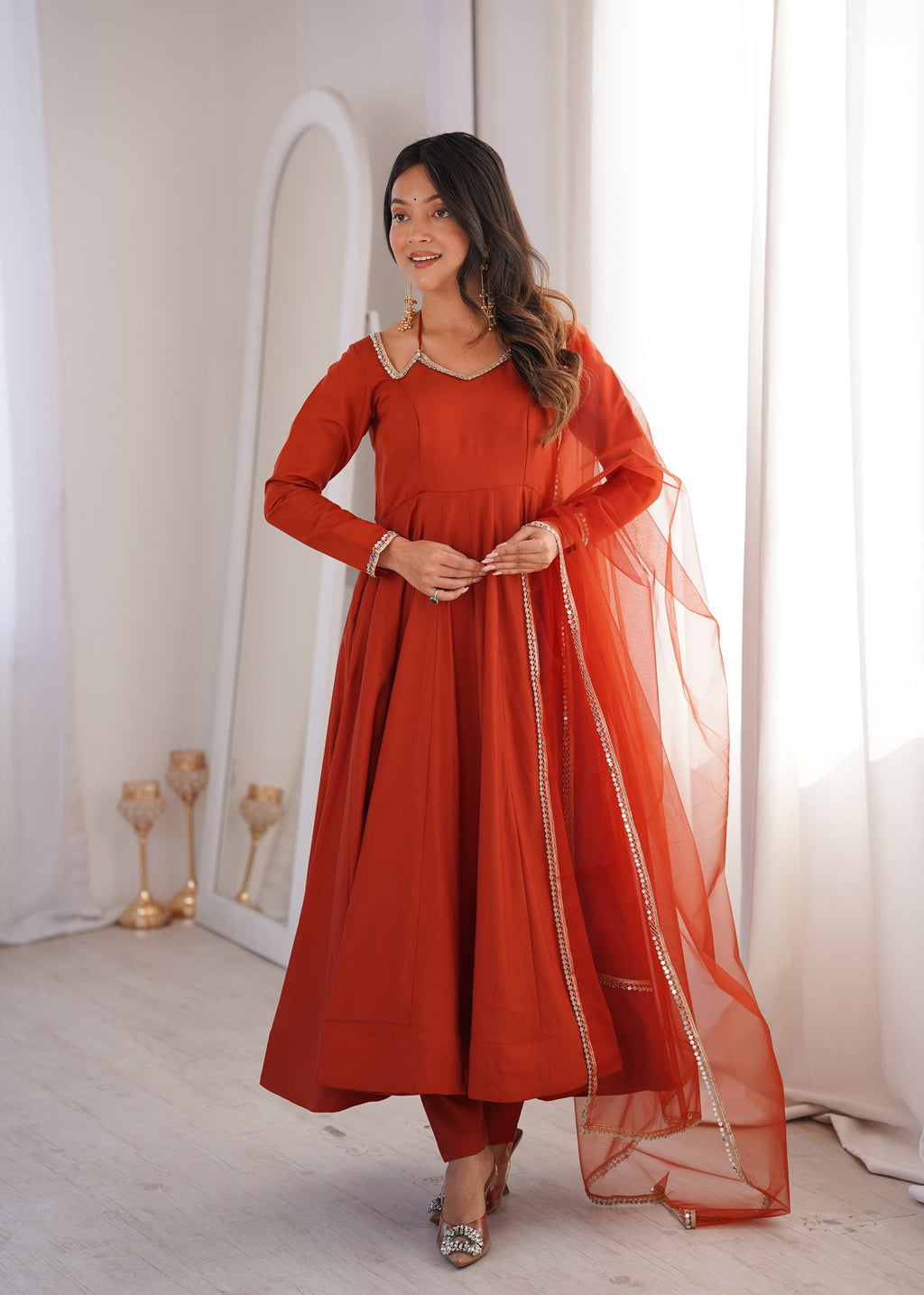 Lorenvalley Fashion Rust Romansilk Chanderi Yoke Fancy Lace Pattern Anarkali Gown Pant with Dupatta