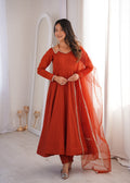 Lorenvalley Fashion Rust Romansilk Chanderi Yoke Fancy Lace Pattern Anarkali Gown Pant with Dupatta