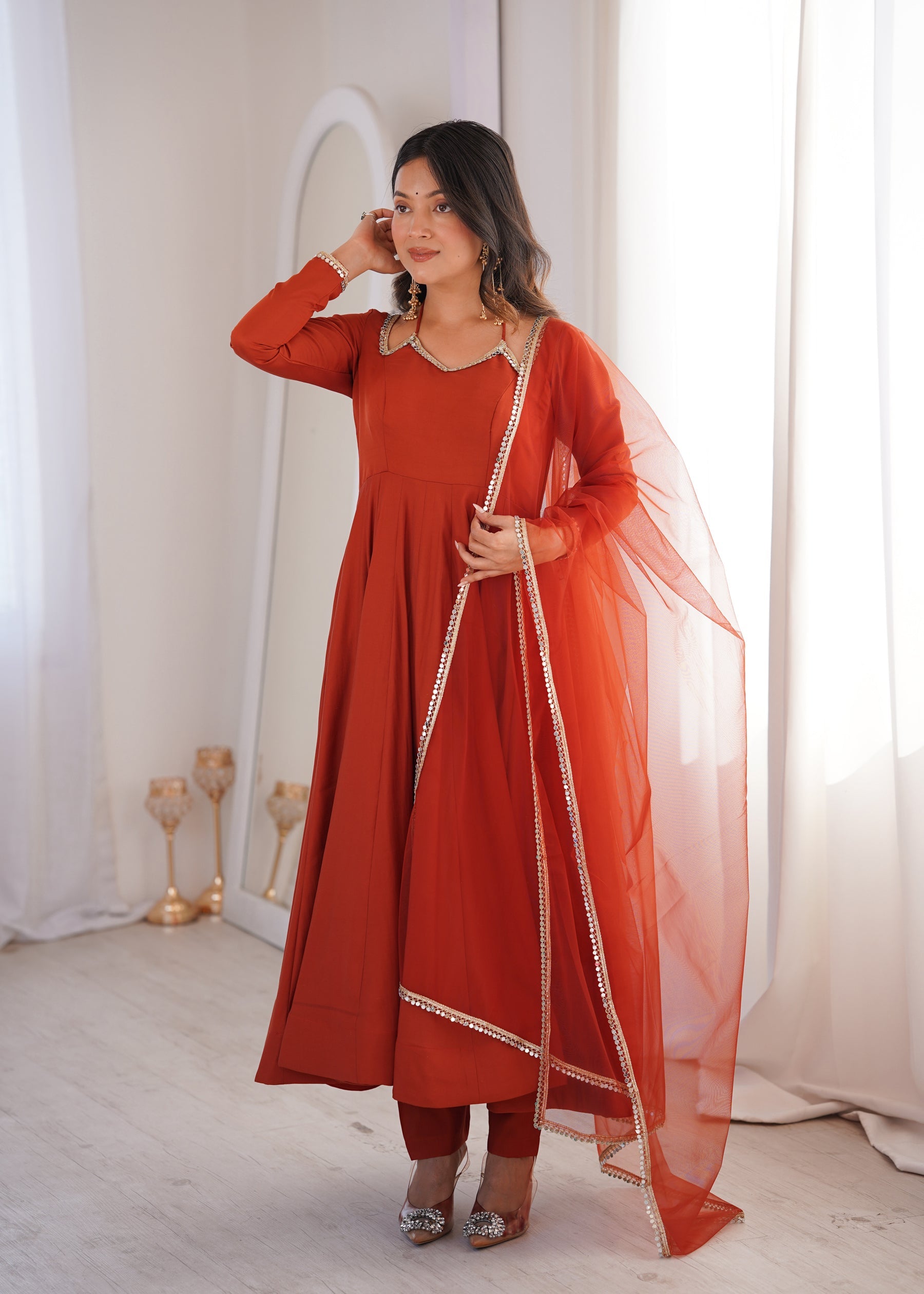 Lorenvalley Fashion Rust Romansilk Chanderi Yoke Fancy Lace Pattern Anarkali Gown Pant with Dupatta