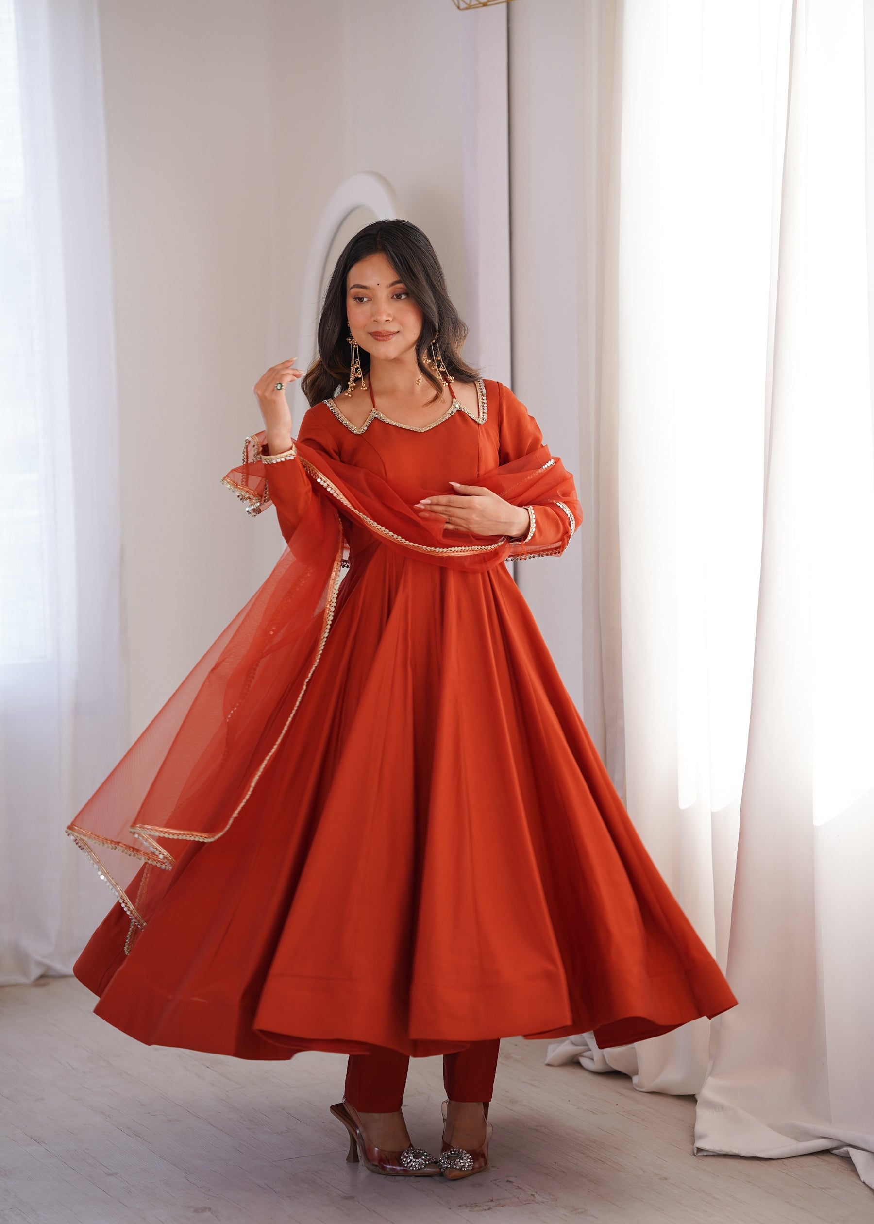 Lorenvalley Fashion Rust Romansilk Chanderi Yoke Fancy Lace Pattern Anarkali Gown Pant with Dupatta