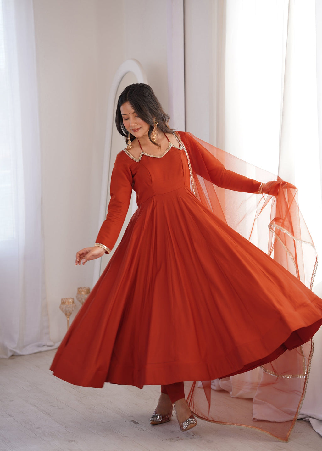 Lorenvalley Fashion Rust Romansilk Chanderi Yoke Fancy Lace Pattern Anarkali Gown Pant with Dupatta