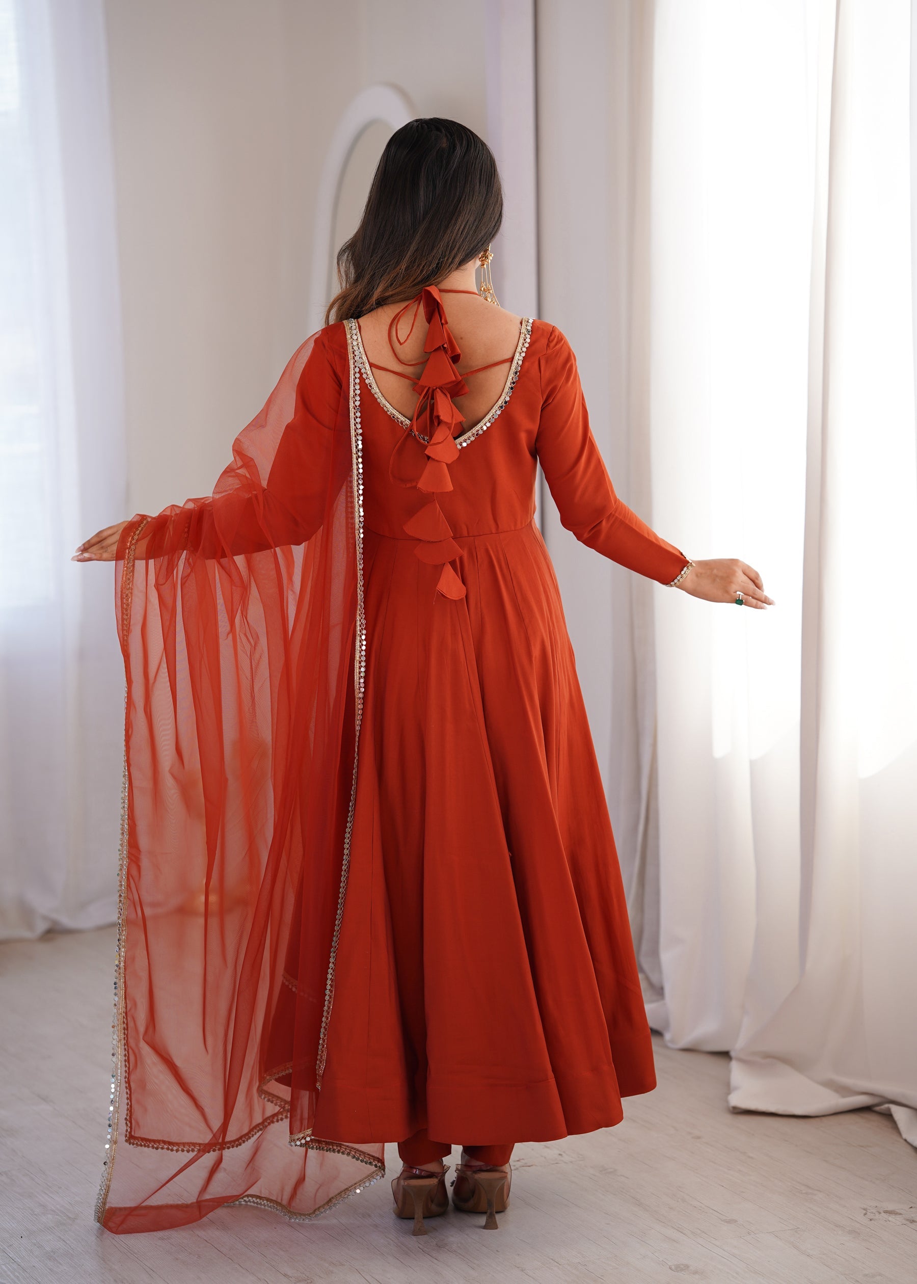 Lorenvalley Fashion Rust Romansilk Chanderi Yoke Fancy Lace Pattern Anarkali Gown Pant with Dupatta