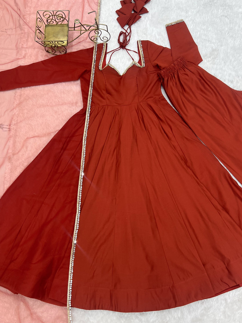 Lorenvalley Fashion Rust Romansilk Chanderi Yoke Fancy Lace Pattern Anarkali Gown Pant with Dupatta