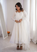 Lorenvalley Fashion White Romansilk Chanderi Yoke Fancy Lace Pattern Anarkali Gown Pant with Dupatta
