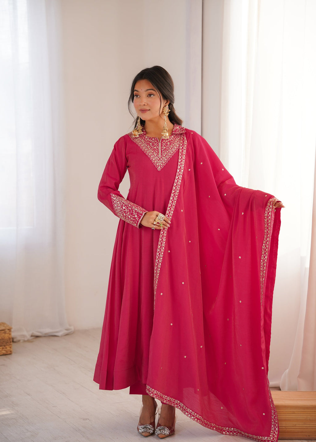 Lorenvalley Fashion Magenta Roman Shimmer Silk Sequence and Jari work Anarkali Gown Pant with Dupatta