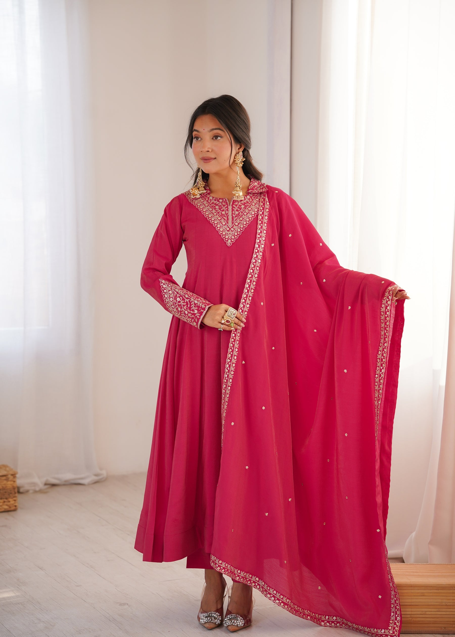 Lorenvalley Fashion Magenta Roman Shimmer Silk Sequence and Jari work Anarkali Gown Pant with Dupatta