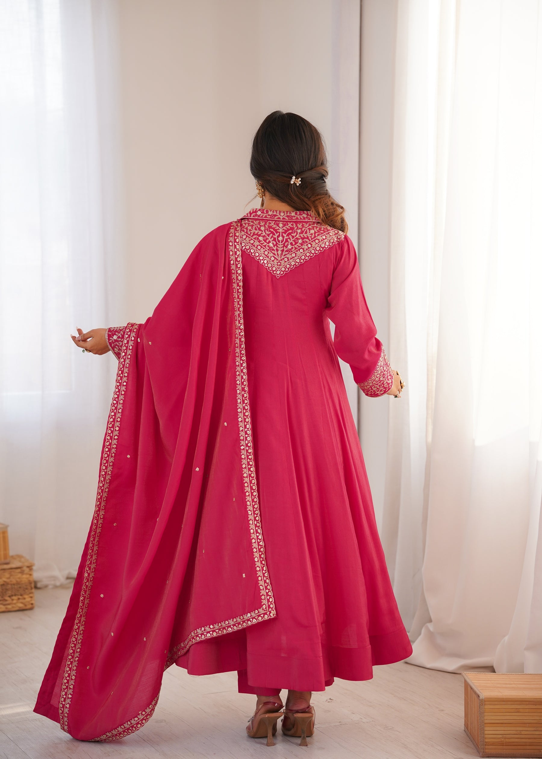 Lorenvalley Fashion Magenta Roman Shimmer Silk Sequence and Jari work Anarkali Gown Pant with Dupatta
