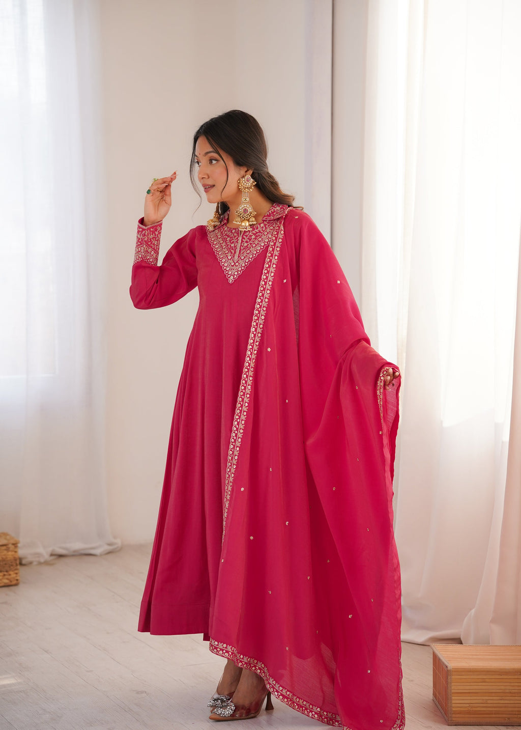 Lorenvalley Fashion Magenta Roman Shimmer Silk Sequence and Jari work Anarkali Gown Pant with Dupatta