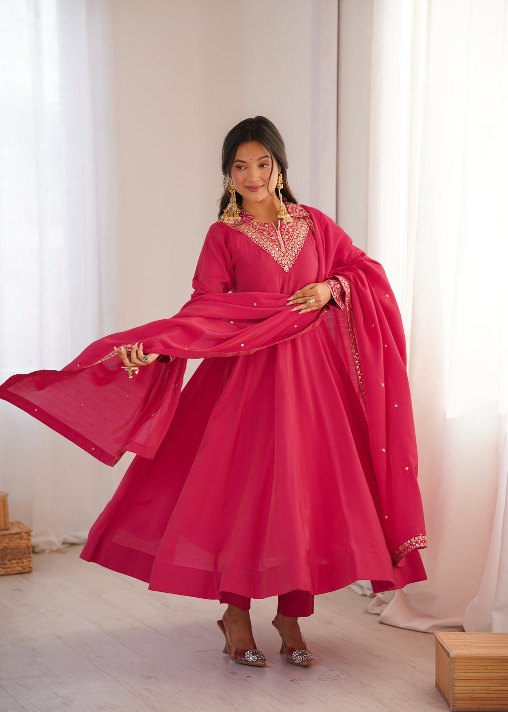 Lorenvalley Fashion Magenta Roman Shimmer Silk Sequence and Jari work Anarkali Gown Pant with Dupatta
