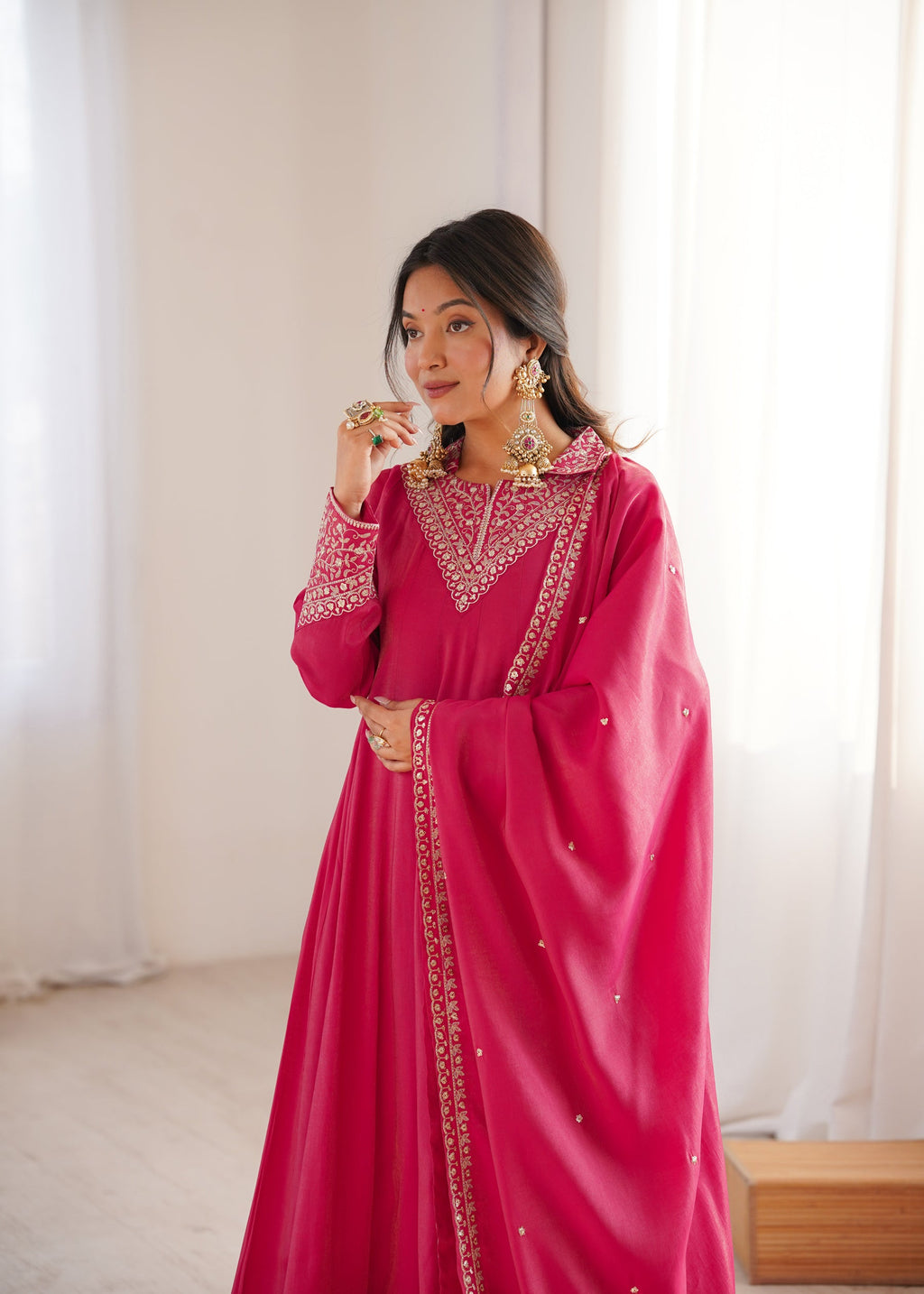 Lorenvalley Fashion Magenta Roman Shimmer Silk Sequence and Jari work Anarkali Gown Pant with Dupatta