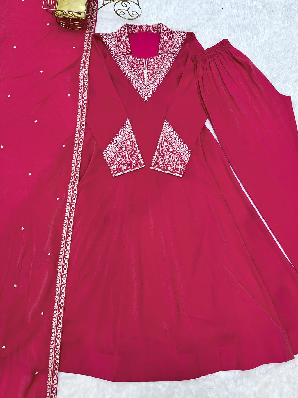 Lorenvalley Fashion Magenta Roman Shimmer Silk Sequence and Jari work Anarkali Gown Pant with Dupatta