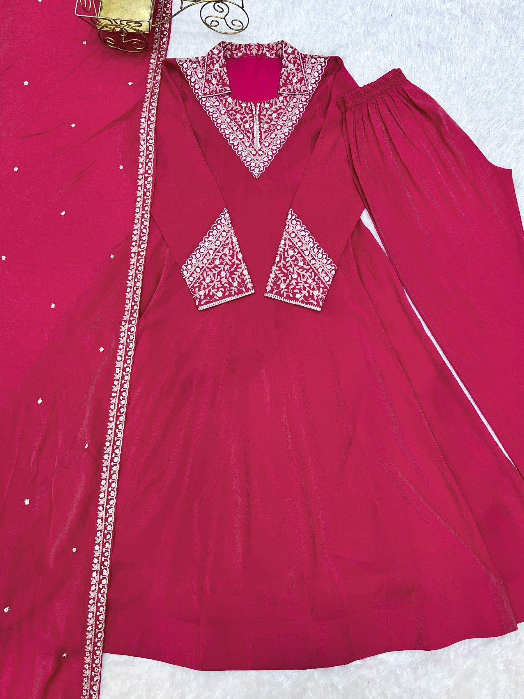 Lorenvalley Fashion Magenta Roman Shimmer Silk Sequence and Jari work Anarkali Gown Pant with Dupatta