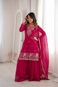 Lorenvalley Fashion Magenta Soft Crunchy Silk Fabric with Embroidery Sequence, Thread and Jari Work Kurta Palazzo with Dupatta