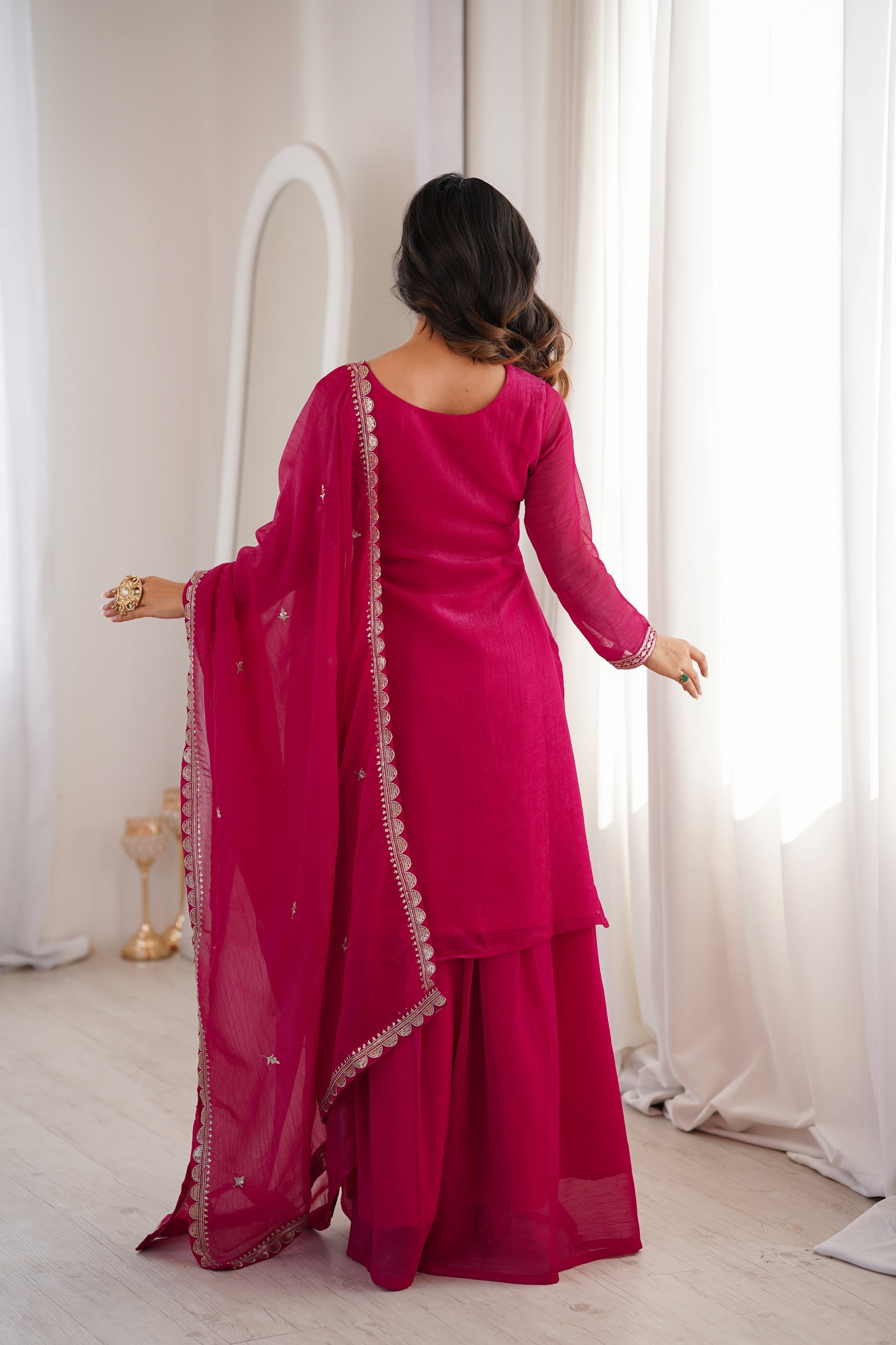 Lorenvalley Fashion Magenta Soft Crunchy Silk Fabric with Embroidery Sequence, Thread and Jari Work Kurta Palazzo with Dupatta