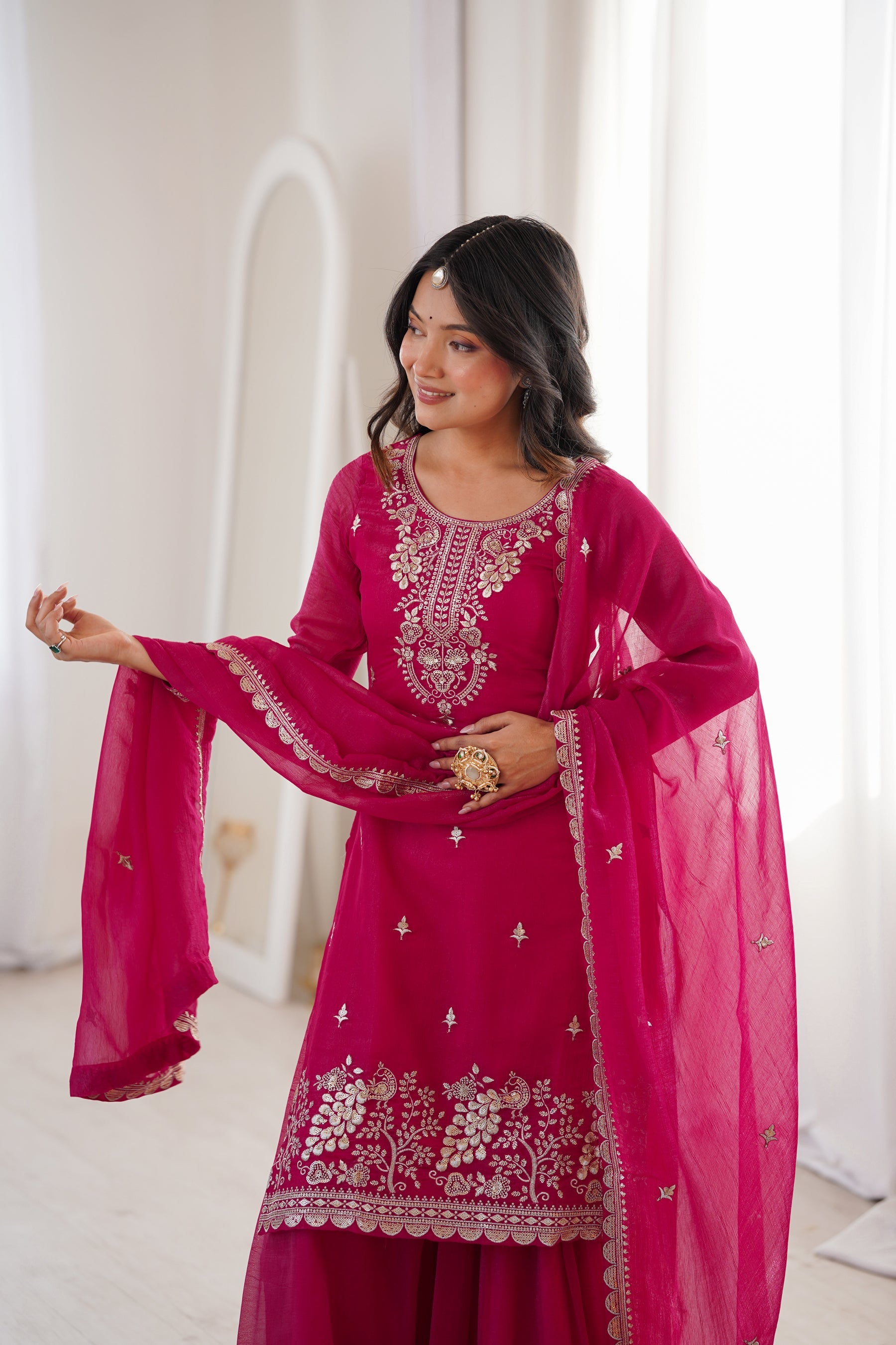 Lorenvalley Fashion Magenta Soft Crunchy Silk Fabric with Embroidery Sequence, Thread and Jari Work Kurta Palazzo with Dupatta