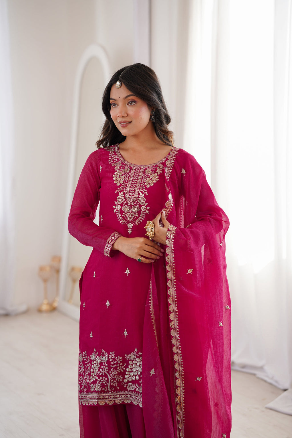 Lorenvalley Fashion Magenta Soft Crunchy Silk Fabric with Embroidery Sequence, Thread and Jari Work Kurta Palazzo with Dupatta