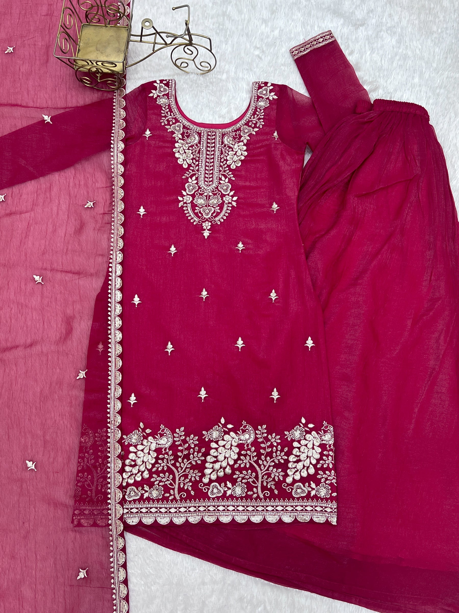 Lorenvalley Fashion Magenta Soft Crunchy Silk Fabric with Embroidery Sequence, Thread and Jari Work Kurta Palazzo with Dupatta