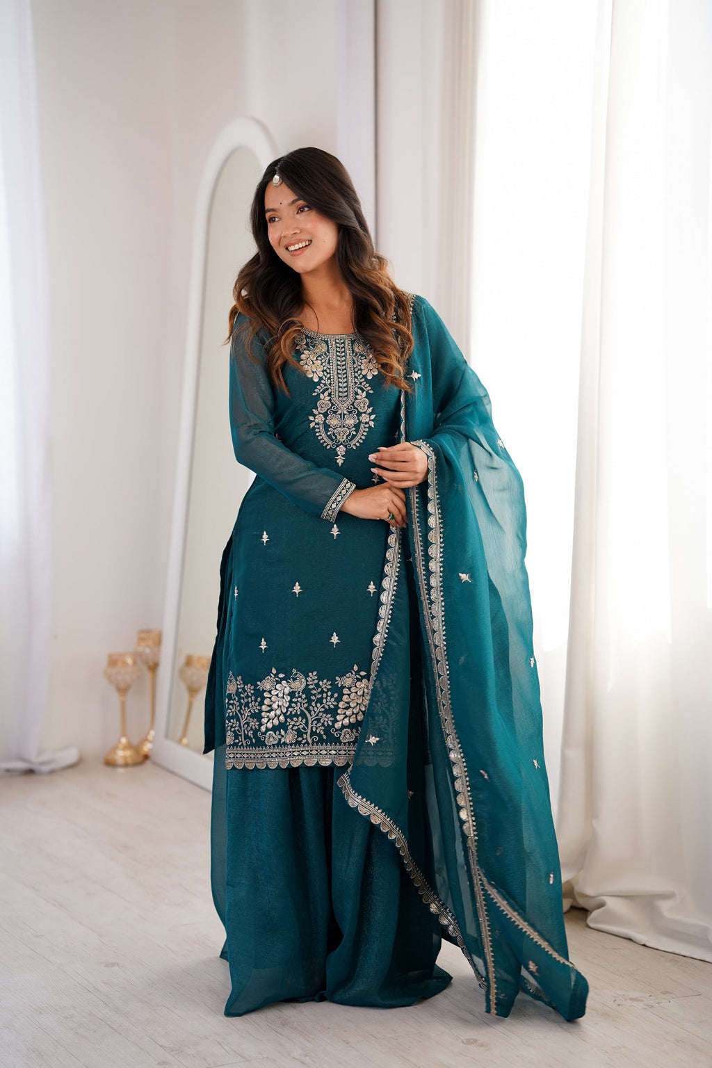 Lorenvalley Fashion Teal Soft Crunchy Silk Fabric with Embroidery Sequence, Thread and Jari Work Kurta Palazzo with Dupatta